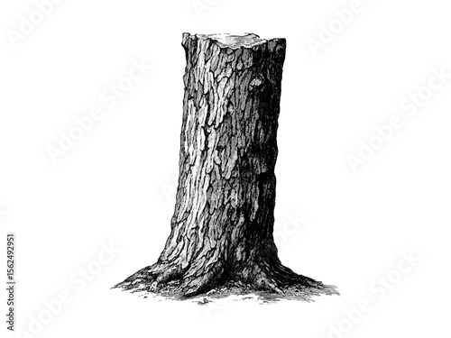 Elm tree trunk engraving, vintage botanical hand-drawing, rustic tree decor, elm bark pattern, retro sketch style, eco-conscious print, old engraving, natural forest art, antique wood texture