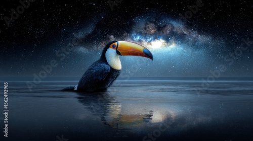 Realistic toucan wearing beachwear reflecting on glowing waves under a starry galaxy backdrop