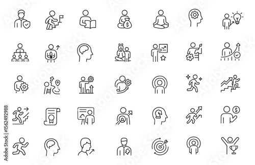 Personal growth icon set, editable stroke. Thin line vector illustration of success, career development, self-improvement, education, achievement, business, strategy, motivation, symbol, winner
