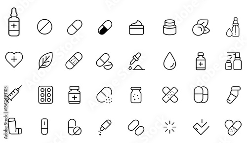 Dosage form icon set in modern thin line style. Editable stroke vector illustration of tablet, capsule, syrup, ampoule, pipette, antiseptic, spray, vitamin, medicine, pictogram, infographic, web