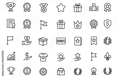 Reward icon set, modern thin line editable stroke vector illustration of success symbols: cup, medal, prize, badge, crown, trophy, award, gift, certificate, pictogram, infographic, bonus