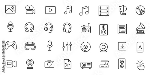 Vector illustration of multimedia editable icons set in modern thin line style: music, photo, video, podcast, microphone, projector, headset, tablet, smartphone, radio, camcorder, technology, web