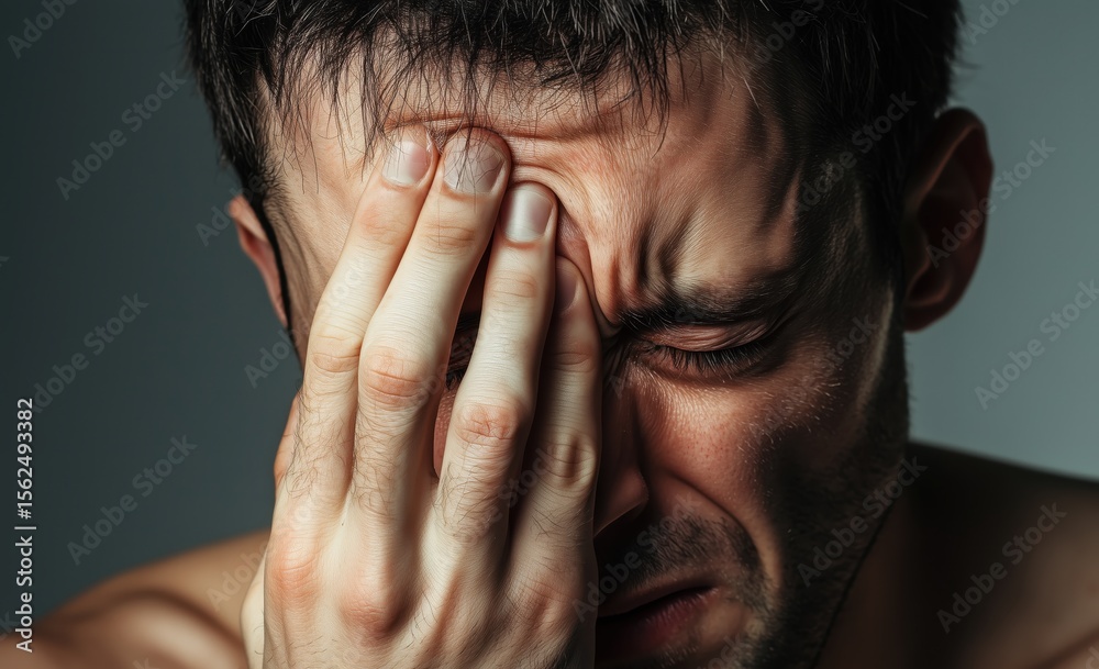 Fototapeta premium A man with his eyes closed presses his forehead tightly with his hand, expressing severe pain, stress or emotional tension. The close-up highlights the suffering and inner struggle.
