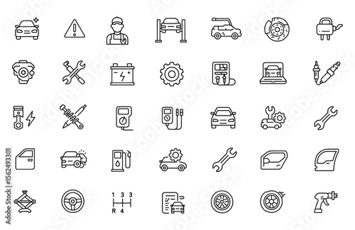 Auto repair and service icon set, vector illustration of thin line editable symbols: engine, gearbox, brake, piston, battery, spanner, mechanic, diagnostic, car parts, workshop, pictogram, isolated