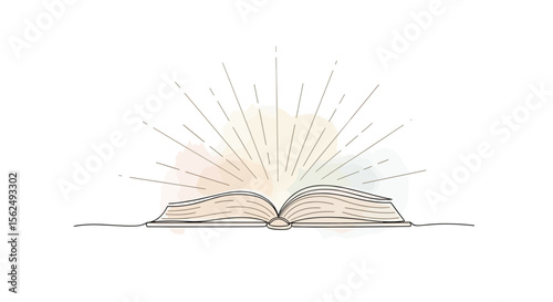 Open book with rays, beige color - one line doodle drawing with watercolor fill, minimal vector on white