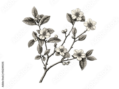 Hand-drawn vintage botanical illustration, blackthorn tree engraving, floral sketch, retro wood art, blackthorn leaves, old engraving style, trendy woodland decor, nature print, forest art
