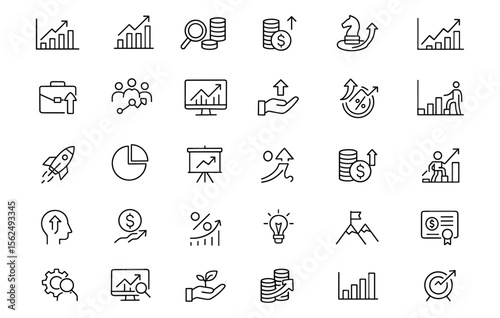 Business growth and analytics icon set, editable stroke. Thin line vector illustration of diagrams, charts, graphs, profits, strategy, financial progress, pictogram, infographic, web, isolated