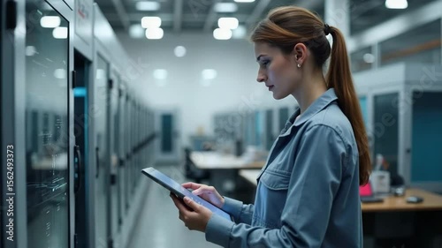 Focused woman using tablet in server room for data center maintenance. Data center maintenance involves careful attention, checking server status with tablet, and ensuring optimal performance.
