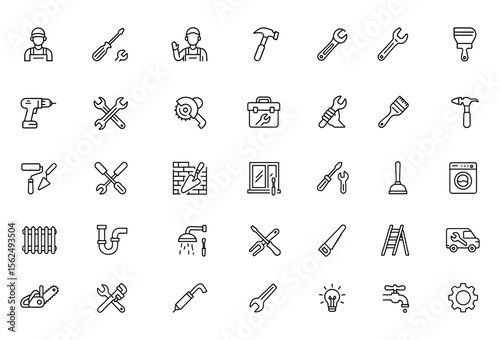 Repairman icon set in thin line style. Vector illustration of repair, handyman, maintenance, tools, plumber, electrician, renovation, construction, work clothes, equipment, isolated.