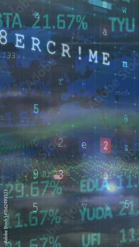 Animation of trading board, multiple texts, alphabets, numbers, symbols over digital map