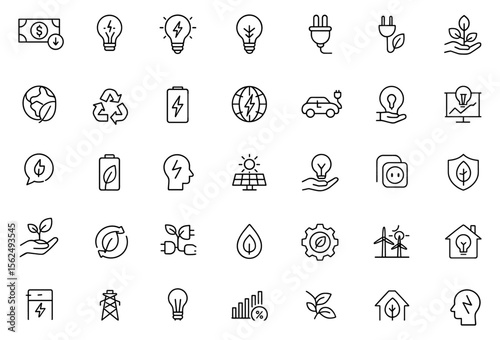 Energy saving icon set, eco electricity power, modern thin line style vector illustration. Editable stroke pictograms of green house, energy cost, consumption, recycling, battery