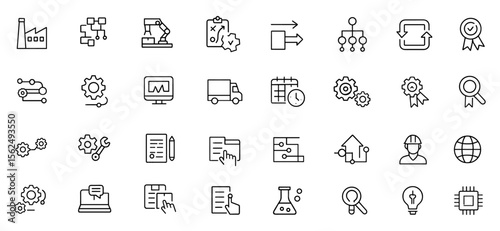 Operation management icon set, modern thin line editable vector illustration of manufacturing, planning, production, logistics, strategy, process, efficiency, quality, workflow, business