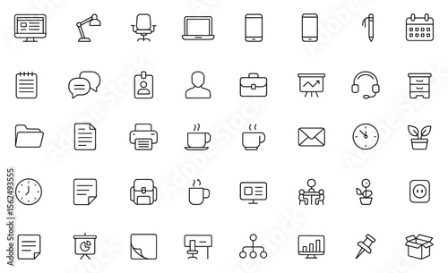Office and Workspace Icon Set, editable stroke. Vector illustration of modern thin line style icons: office tools, remote work, laptop, meeting, document, business, manager, desk, workspace, wi-fi