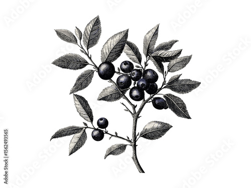 Blackthorn leaves illustration, vintage botanical engraving, hand-drawn blackthorn tree, floral black sketch, retro wood art, old engraving style, nature tree decor, trendy forest art