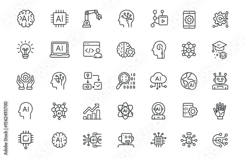 Artificial intelligence icon set, editable stroke, thin line vector illustration of AI, smart robot, machine learning, innovation, digital brain, algorithm, cyberspace, network, data, technology