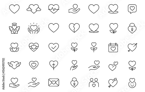 Editable Heart Icon Set. Modern thin line vector illustration of love, passion, charity, heartbeat, kindness, care, and emotional symbols for apps and infographics.