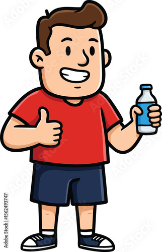 Happy smiling boy holding water bottle with thumb up gesture in casual red shirt and navy shorts vector illustration