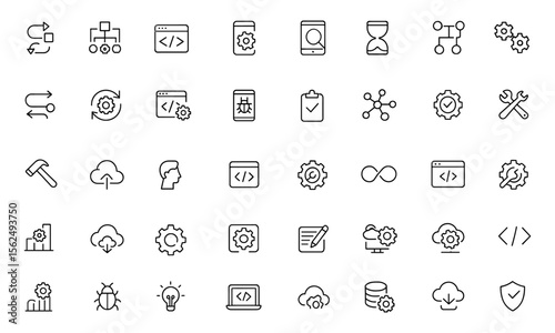 Editable line icons set for development and DevOps: programming, software deployment, testing, application build, IT operations, cloud server, strategy, algorithm, technology