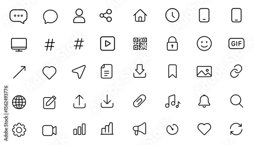 Editable Social Media Icons set in thin line style. Vector illustration of web, communication, sharing, message, user, bubble, buttons, commands, digital symbols. Isolated on white