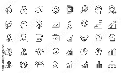 Editable Startup Icon Set. Modern thin line vector illustration of business concepts: growth, development, management, finance, innovation, team, strategy, research, success, company