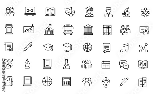 Editable school icons set in modern thin line style. Vector illustration featuring education, classroom, students, school subjects, study, teacher, timetable, science, and learning pictograms