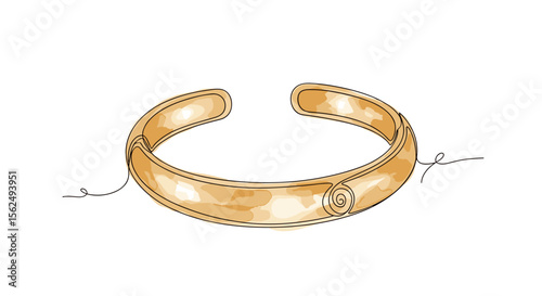Golden bracelet - one line doodle drawing with watercolor fill, minimal vector on white