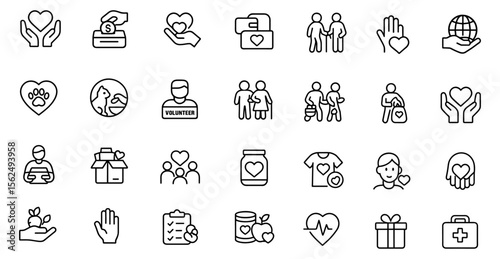 Volunteering editable line icons set. Modern thin vector illustration of charity, donation, animal care, elderly help, community support, nonprofit, social issues, assistance, sharing, environment