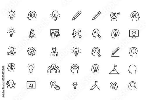 Innovative Creativity Icon Set. Editable line vector illustration in modern thin style featuring ideas, invention, design, growth, teamwork, technology, startup, brain, and more.