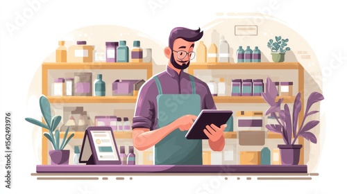 Small Business Owner Managing Inventory Using a Digital Tablet in a Light-Filled Shop