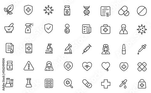 Editable Pharmacy Icon Set in Thin Line Style. Vector illustration of medical symbols, drugs, research, tests, vaccines, healthcare, and manufacturing process for apps and infographics.
