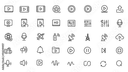 Editable broadcast icon set. Modern thin line vector illustration of media, video player, production, streaming, film, and cinema icons. Pictograms for mobile apps and digital use.