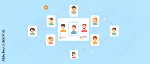 Wallpaper Mural A colorful digital illustration representing team collaboration and communication with diverse avatars connecting through a central figure Torontodigital.ca