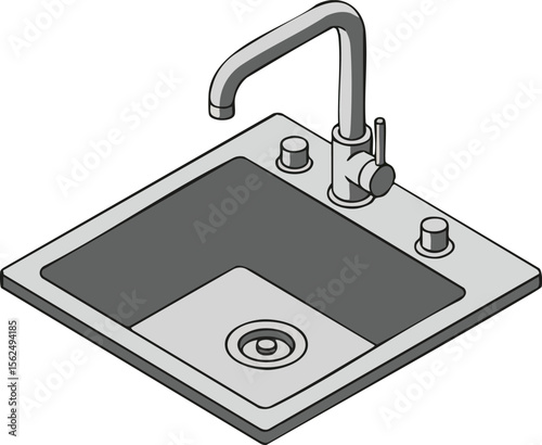 Kitchen sink with faucet and knobs isometric vector design for home interior and plumbing illustration