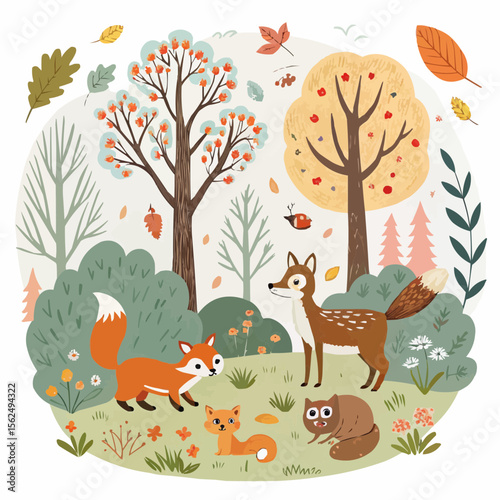 Autumn Forest with Deer and Trees Illustration