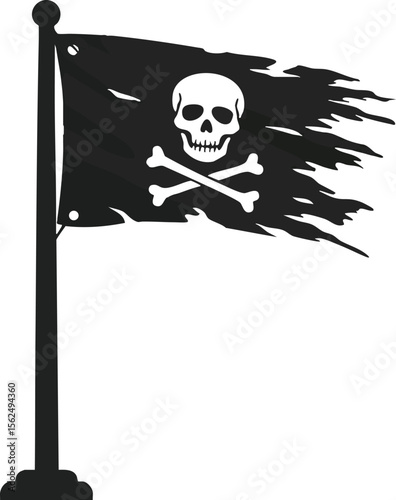 Pirate flag with skull and crossbones design waving on flagpole in black and white vector style illustration