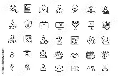Recruiment and Hiring Editable Line Icons Set. Vector illustration in modern thin line style for business: resume, staff, career, interview, talent, employee, HR, contract, partnership