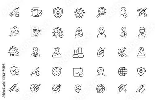 Editable Vaccine Line Icon Set. Modern thin line vector illustration of health care and vaccination icons: virus, injection, certificate, immunity, research, booster, protection, and more.