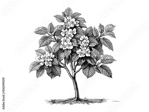 Catalpa Tree engraving, vintage botanical illustration, hand-drawn leaves, spring woodland art, eco-friendly nature sketch, retro style, black and white tree decor, timeless tree drawing