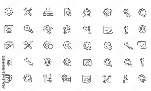 Editable Line Icons Set for Setup and Settings. Modern thin line vector illustration of technology tools, parameters, algorithm, system repair, customization, upgrade, and control icons.