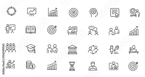 Editable Business Training Icon Set. Vector illustration in modern thin line style of coaching, education, growth, development, seminar, presentation, infographic, finance, career, progress, learning