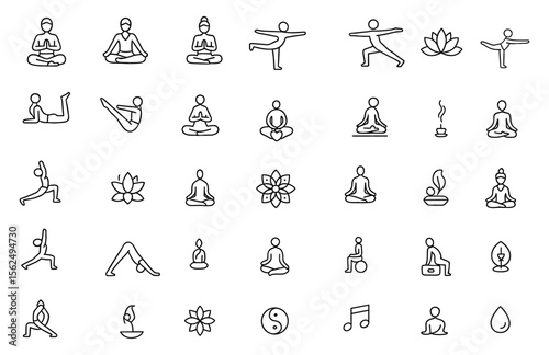 Yoga Thin Line Icon Set. Editable vector illustration of meditation, wellness, and relaxation symbols: yoga poses, balance, health, and calm isolated on transparent background