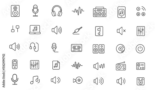 Modern audio editable line icons set. Thin stroke vector illustration of sound equipment, players, microphones, speakers, waves, volume, music, stereo, and sound technology