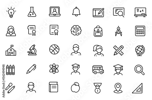 Editable education icon set. Modern thin line vector illustration of school, science, study, online learning, subjects, supplies, graduation, teacher, student, and college symbols for apps,