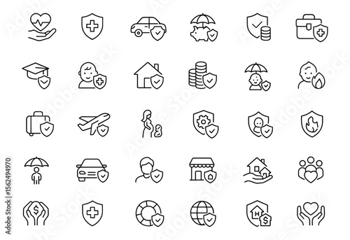 Editable Insurance Line Icons Set. Modern thin line vector illustration of insurance symbols: life, car, pet, health, property, savings, business, travel, protection, infographic.