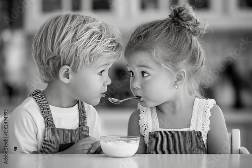  Un niño y una niña pequeños se miran con sorpresa mientras comparten una cuchara con yogur, en una escena divertida en blanco y negro.
