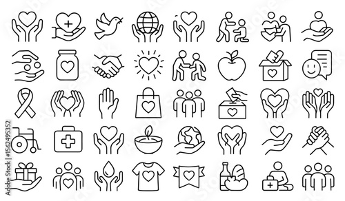 Altruism line editable icon set, charity hands, benevolence, compassion, kindness, donation support, community engagement, party, concert, outdoor recreation icons, vector illustration.