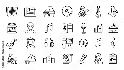 Music School Editable Line Icon Set, Instruments, Students, Sheet Music, Scores, Music Education, Classroom, Band Performance, Choir Practice, Audio Gear, Music Theory, Vector Illustration.
