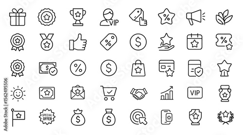 Exclusive Benefits Icons Set, editable thin line vector illustration of loyalty bonuses, rewards, badges, vouchers, VIP perks, mobile app reward system icons, loyalty management.