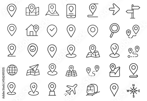 Location line editable icon set, map pin pointer, route map, compass direction marker, wayfinding navigation UI pack, GPS tracking interface icons vector illustration.