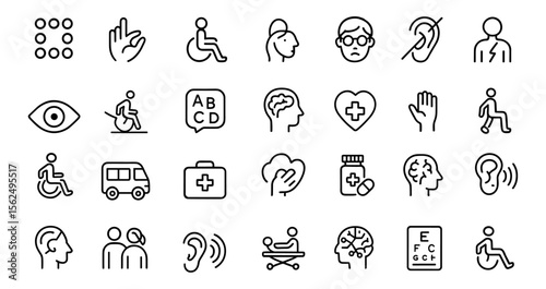 Disability Line Editable Icons Set, Vector Illustration Modern Thin Line Style for Inclusivity, Wheelchair, Assistive Devices, Braille Symbol, Ramp, Mental Health, Care Assistance